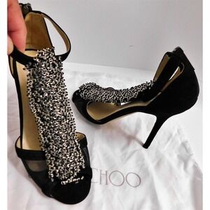 Jimmy Choo Feline $1295 Black Suede Leather Beaded Open Toe Pumps Heels Italy 37